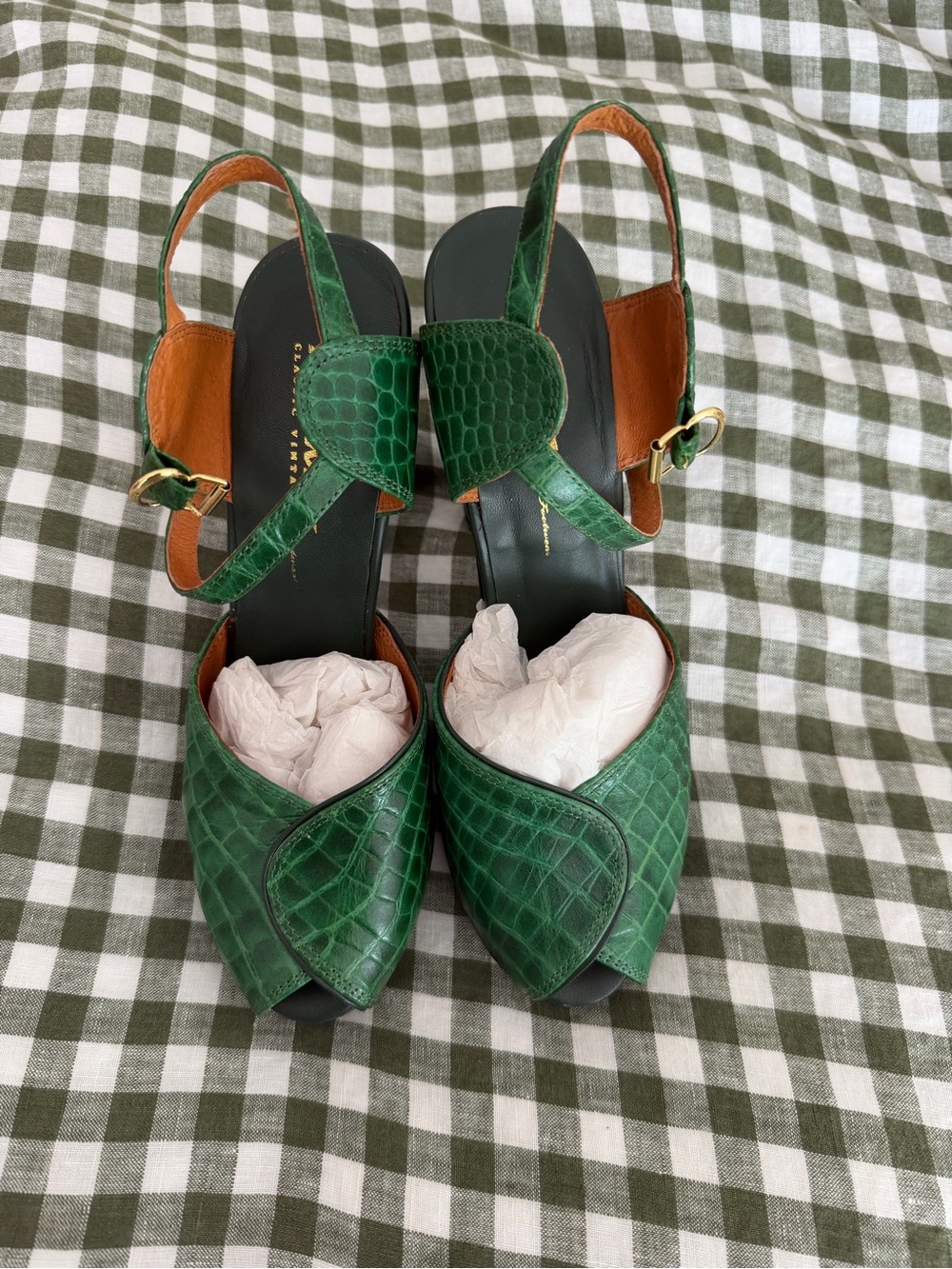 Green Croc-Embossed Slingback Sandals with Gold Buckle